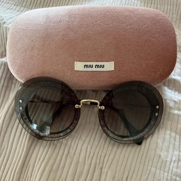 Miu Miu Crystal Glitter Round Sunglasses Miu Miu Gold crystal and suede round sunglasses Golden Metal  main image 3